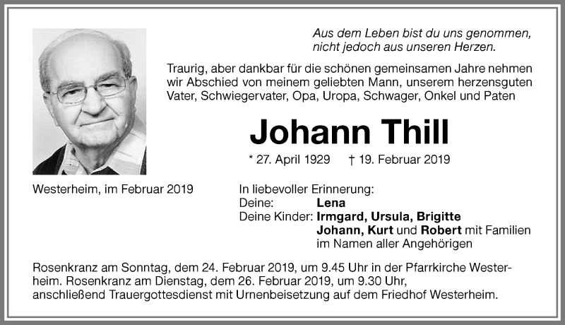 Traueranzeige von Johann Thill von Memminger Zeitung