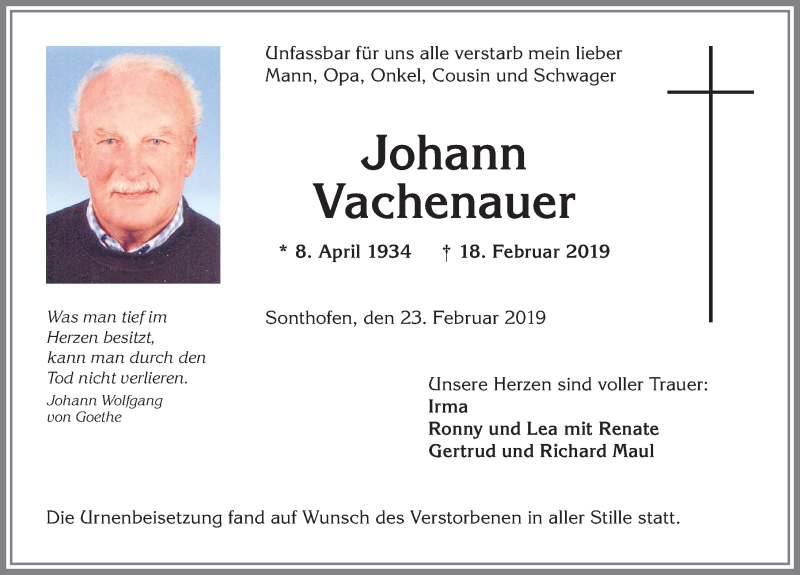 Traueranzeige von Johann Vachenauer von Allgäuer Anzeigeblatt