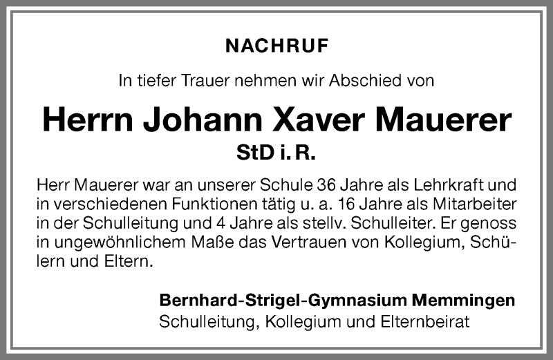 Traueranzeige von Johann Xaver Mauerer von Memminger Zeitung