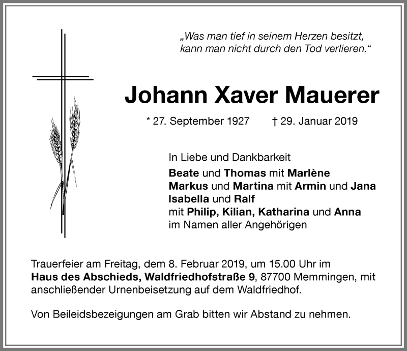 Traueranzeige von Johann Xaver Mauerer von Memminger Zeitung