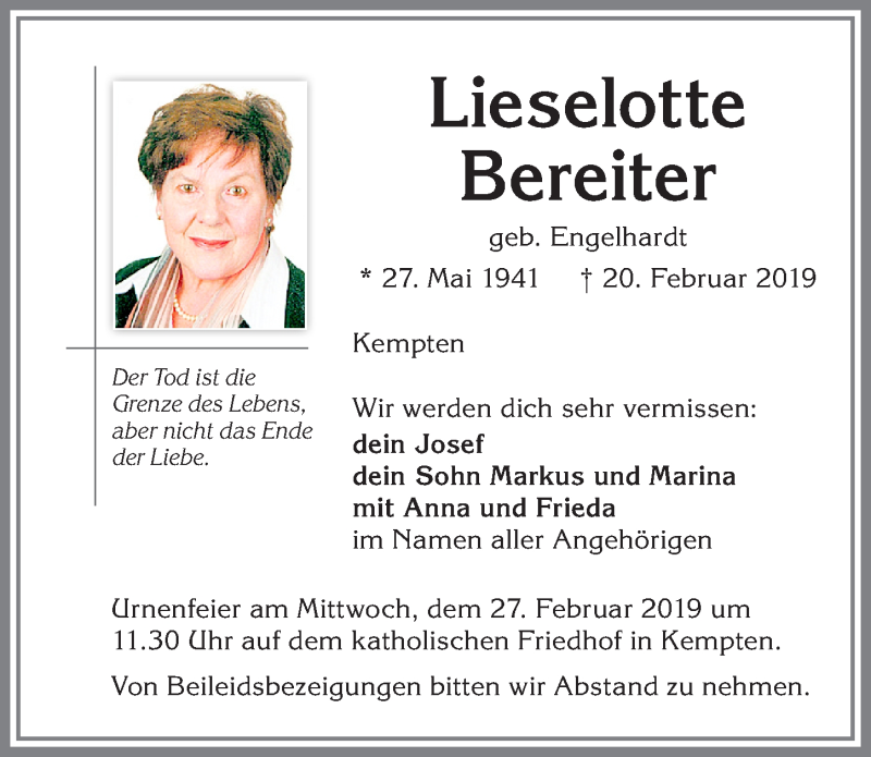 Traueranzeige von Lieselotte Bereiter von Allgäuer Zeitung,Kempten