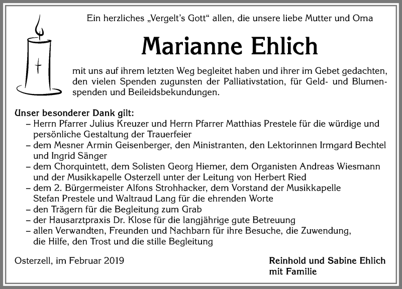 Traueranzeige von Marianne Ehlich von Allgäuer Zeitung, Kaufbeuren/Buchloe