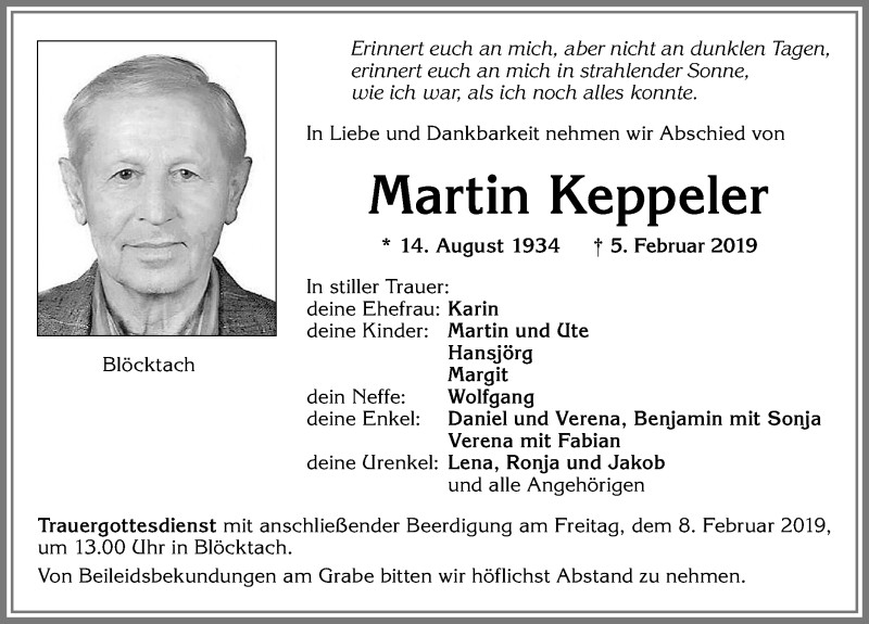Traueranzeige von Martin Keppeler von Allgäuer Zeitung, Kaufbeuren/Buchloe