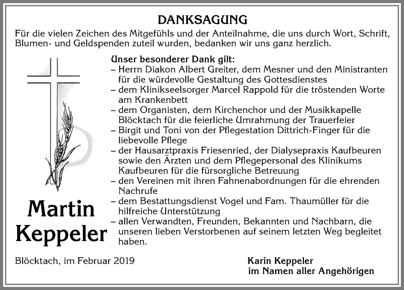 Traueranzeige von Martin Keppeler von Allgäuer Zeitung, Kaufbeuren/Buchloe