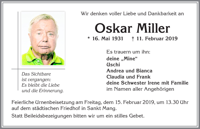 Traueranzeige von Oskar Miller von Allgäuer Zeitung,Kempten