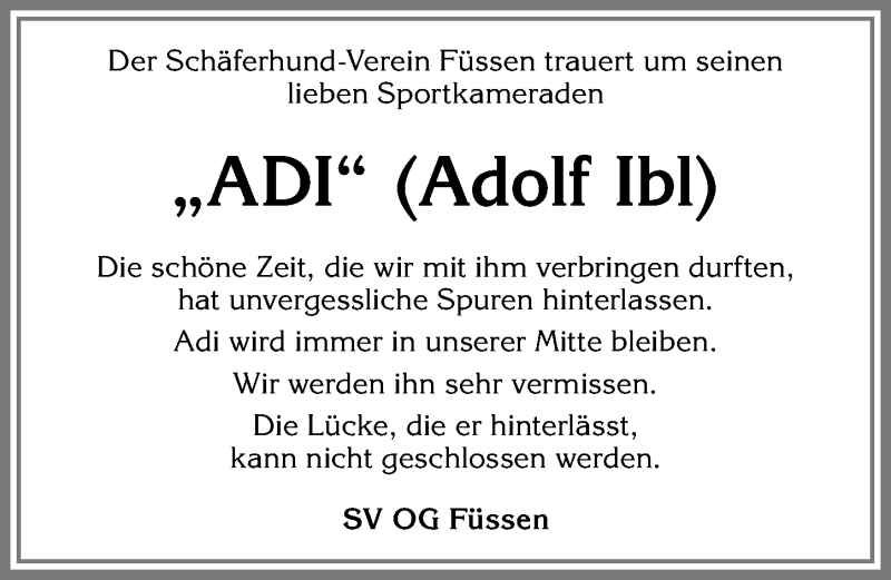 Traueranzeige von Adolf Ibl von Allgäuer Zeitung, Füssen
