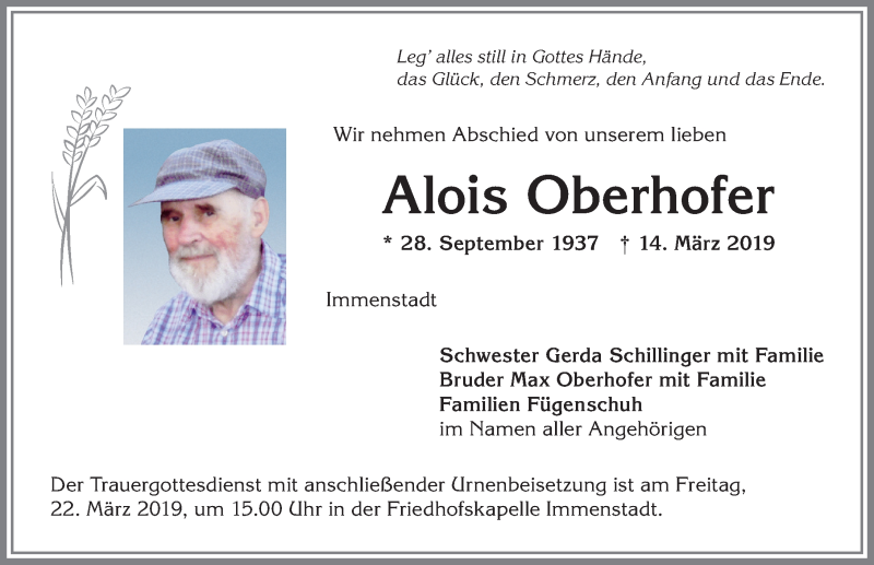 Traueranzeige von Alois Oberhofer von Allgäuer Anzeigeblatt