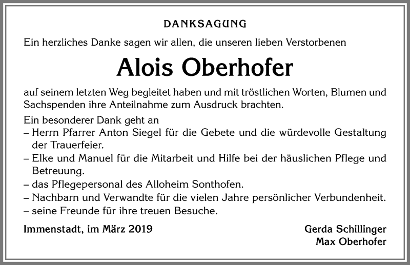 Traueranzeige von Alois Oberhofer von Allgäuer Anzeigeblatt
