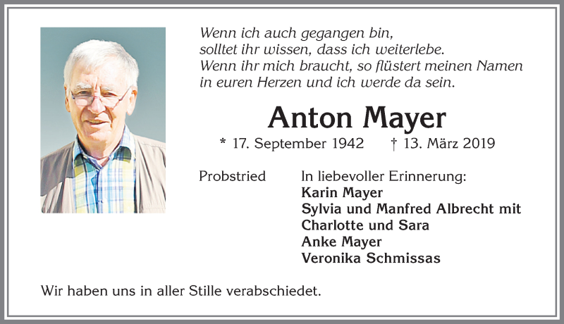 Traueranzeige von Anton Mayer von Allgäuer Zeitung,Kempten