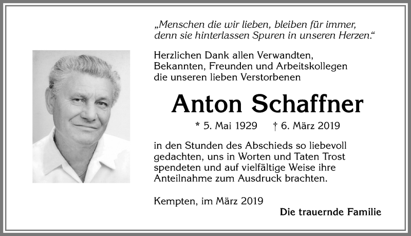 Traueranzeige von Anton Schaffner von Allgäuer Zeitung,Kempten