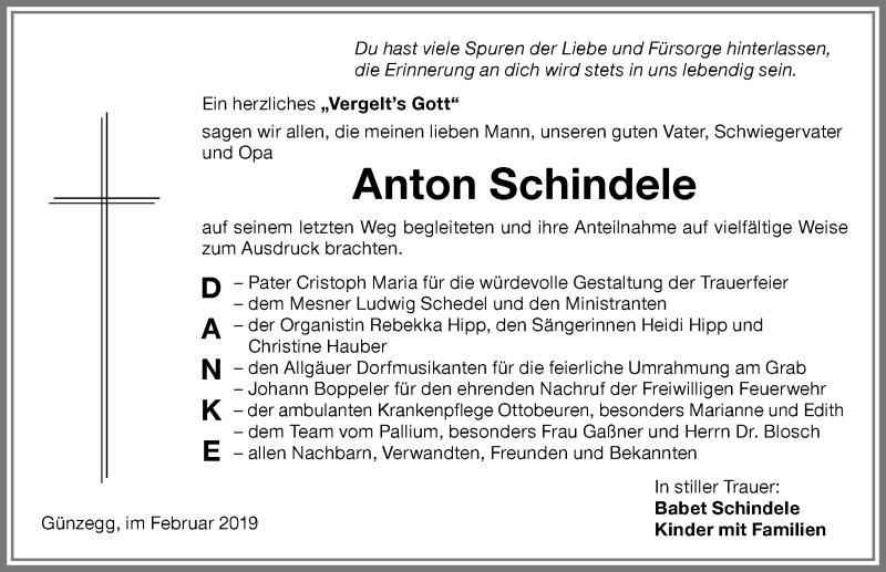 Traueranzeige von Anton Schindele von Memminger Zeitung