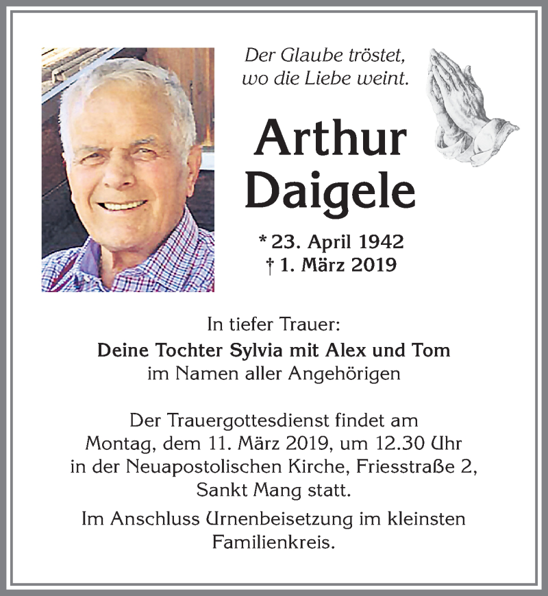 Traueranzeige von Arthur Daigele von Allgäuer Zeitung,Kempten