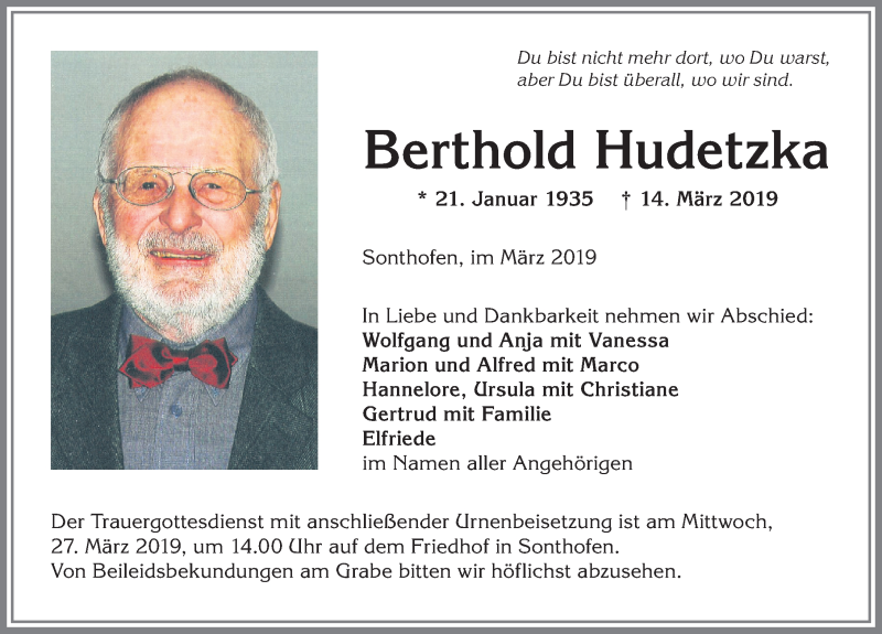 Traueranzeige von Berthold Hudetzka von Allgäuer Anzeigeblatt
