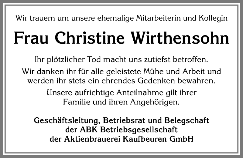 Traueranzeige von Christine Wirthensohn von Allgäuer Zeitung, Kaufbeuren/Buchloe