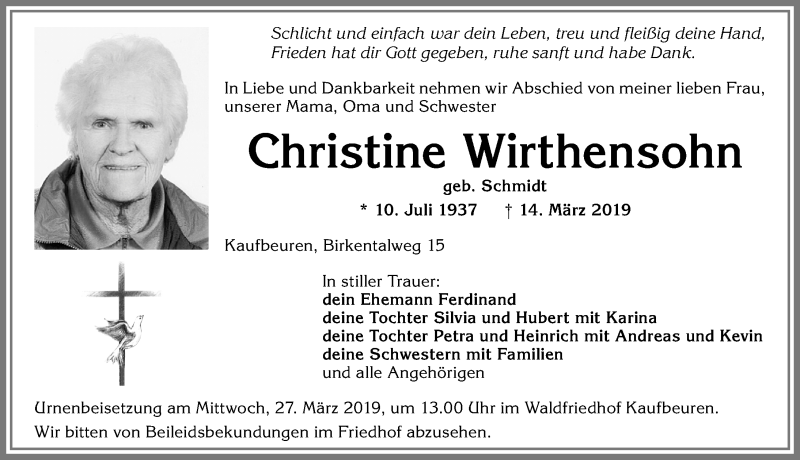 Traueranzeige von Christine Wirthensohn von Allgäuer Zeitung, Kaufbeuren/Buchloe