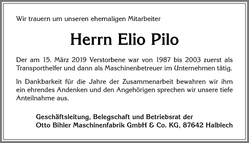 Traueranzeige von Elio Pilo von Allgäuer Zeitung, Füssen