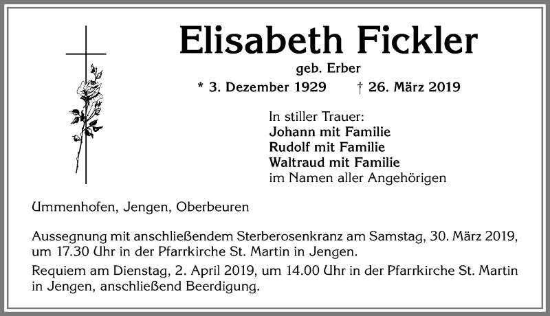 Traueranzeige von Elisabeth Fickler von Allgäuer Zeitung, Kaufbeuren/Buchloe