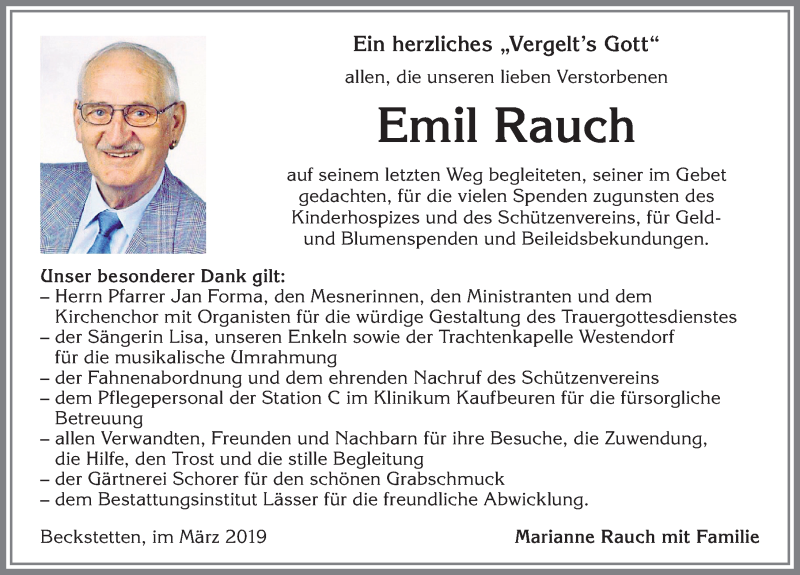 Traueranzeige von Emil Rauch von Allgäuer Zeitung, Kaufbeuren/Buchloe