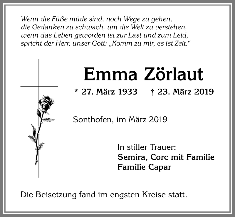 Traueranzeige von Emma Zörlaut von Allgäuer Anzeigeblatt
