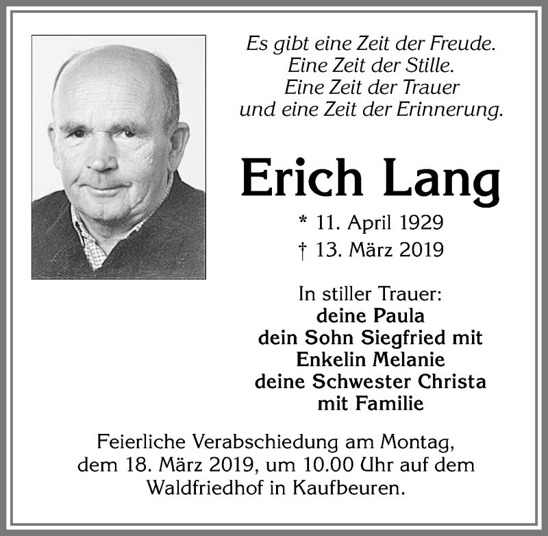 Traueranzeige von Erich Lang von Allgäuer Zeitung, Kaufbeuren/Buchloe
