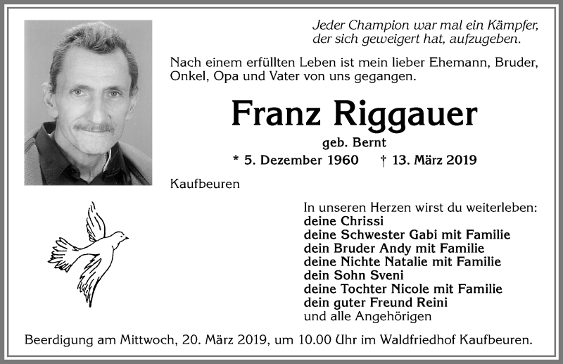 Traueranzeige von Franz Riggauer von Allgäuer Zeitung, Kaufbeuren/Buchloe