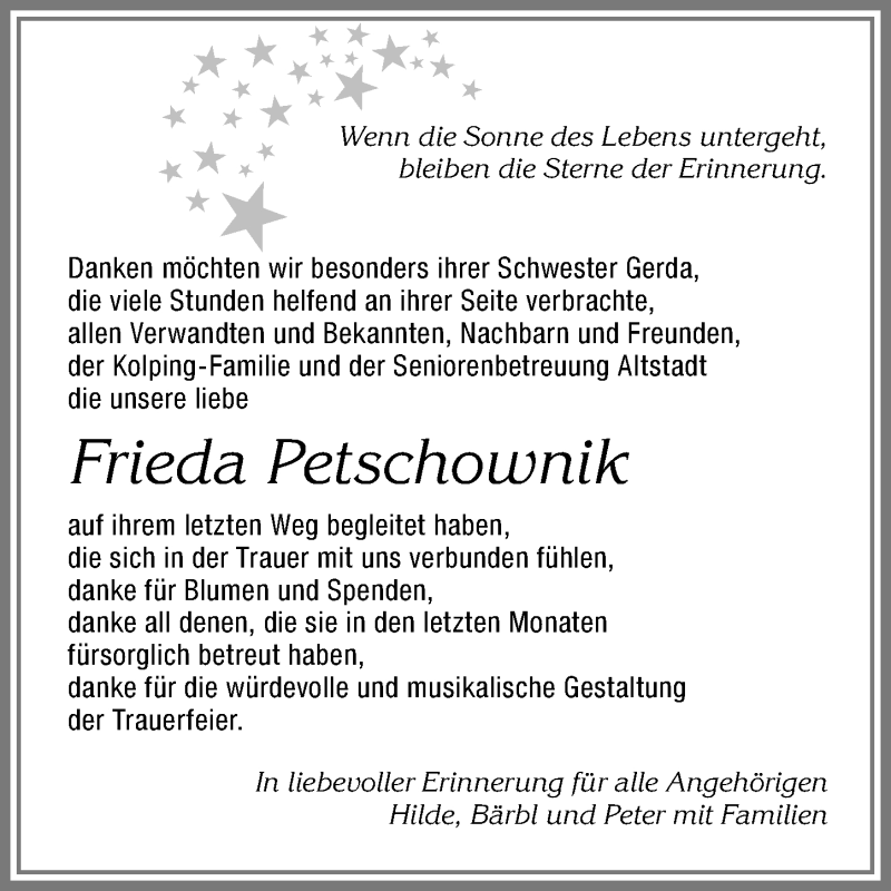 Traueranzeige von Frieda Petschownik von Allgäuer Zeitung,Kempten