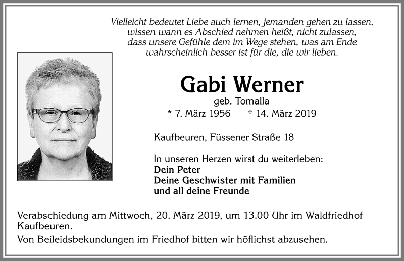 Traueranzeige von Gabi Werner von Allgäuer Zeitung, Kaufbeuren/Buchloe