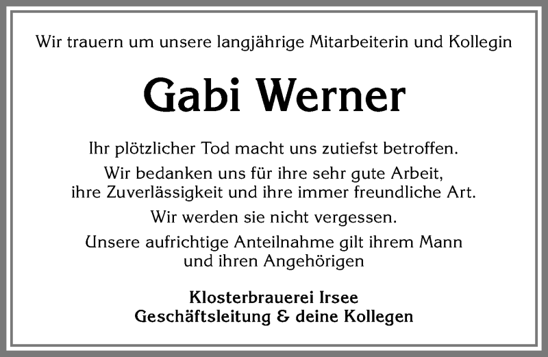 Traueranzeige von Gabi Werner von Allgäuer Zeitung, Kaufbeuren/Buchloe