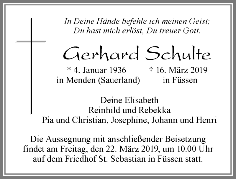 Traueranzeige von Gerhard Schulte von Allgäuer Zeitung, Füssen