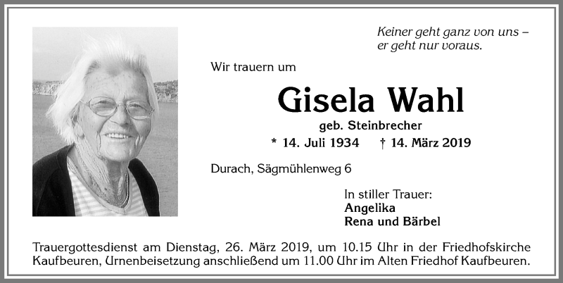 Traueranzeige von Gisela Wahl von Allgäuer Zeitung, Kaufbeuren/Buchloe