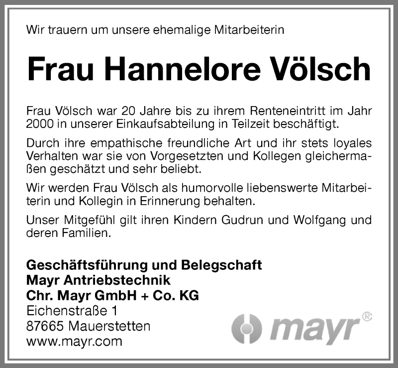 Traueranzeige von Hannelore Völsch von Allgäuer Zeitung, Kaufbeuren/Buchloe