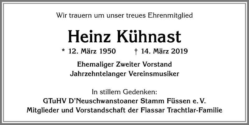 Traueranzeige von Heinz Kühnast von Allgäuer Zeitung, Füssen