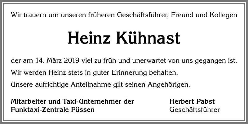 Traueranzeige von Heinz Kühnast von Allgäuer Zeitung, Füssen