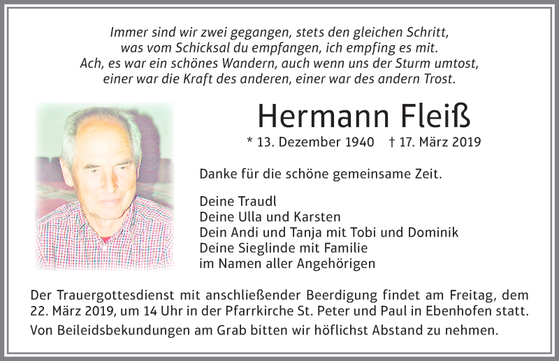 Traueranzeige von Hermann Fleiß von Allgäuer Zeitung, Marktoberdorf