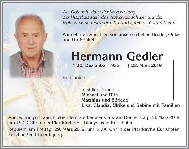 Traueranzeige von Hermann Gedler von Allgäuer Zeitung, Kaufbeuren/Buchloe