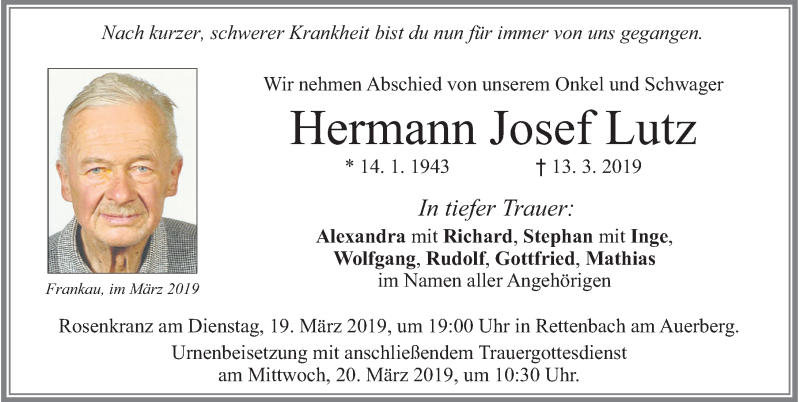 Traueranzeige von Hermann Josef Lutz von Allgäuer Zeitung, Marktoberdorf