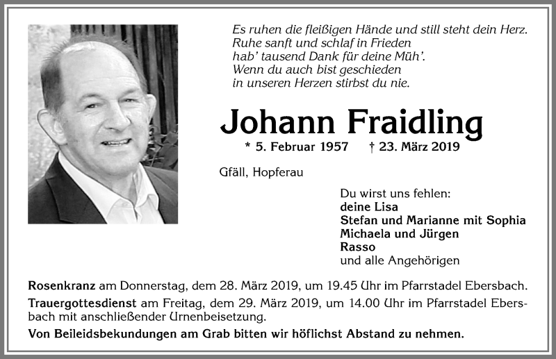 Traueranzeige von Johann Fraidling von Allgäuer Zeitung