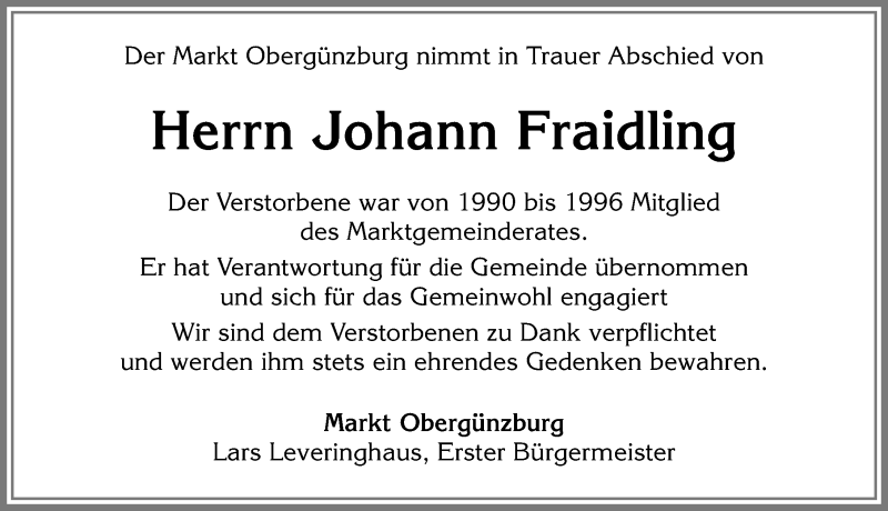 Traueranzeige von Johann Fraidling von Allgäuer Zeitung, Marktoberdorf