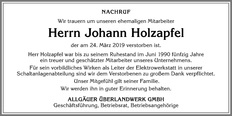 Traueranzeige von Johann Holzapfel von Allgäuer Zeitung,Kempten