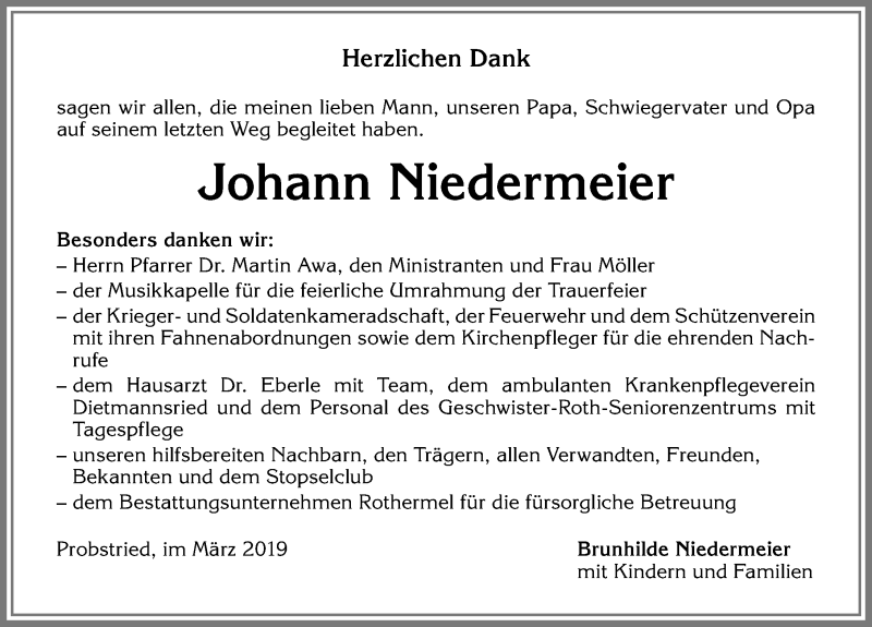 Traueranzeige von Johann Niedermeier von Allgäuer Zeitung,Kempten