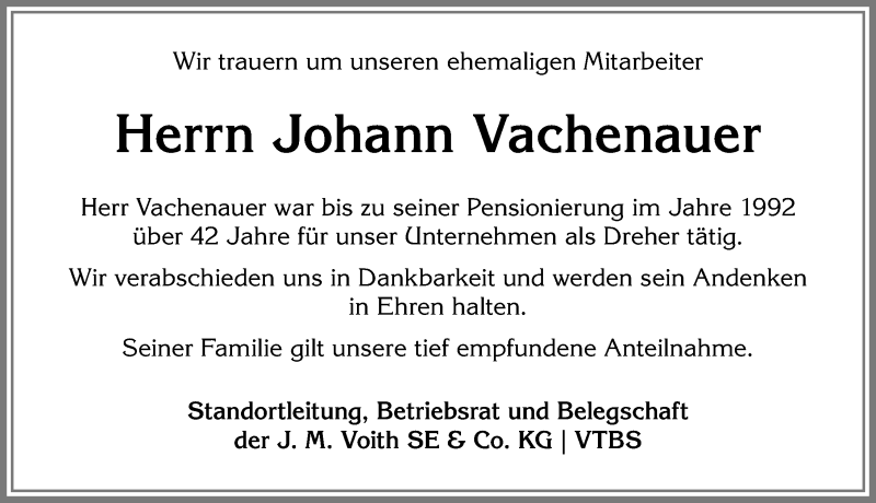 Traueranzeige von Johann Vachenauer von Allgäuer Anzeigeblatt