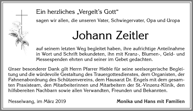 Traueranzeige von Johann Zeitler von Allgäuer Zeitung, Füssen