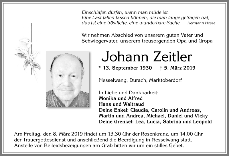 Traueranzeige von Johann Zeltler von Allgäuer Zeitung, Füssen