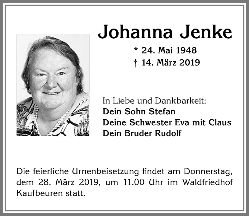 Traueranzeige von Johanna Jenke von Allgäuer Zeitung, Kaufbeuren/Buchloe