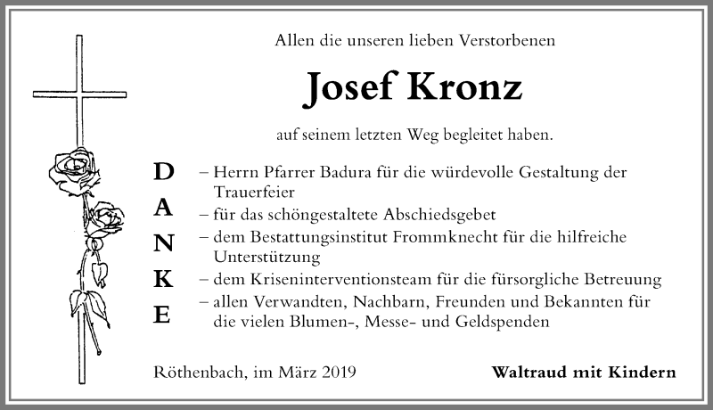 Traueranzeige von Josef Kronz von Der Westallgäuer