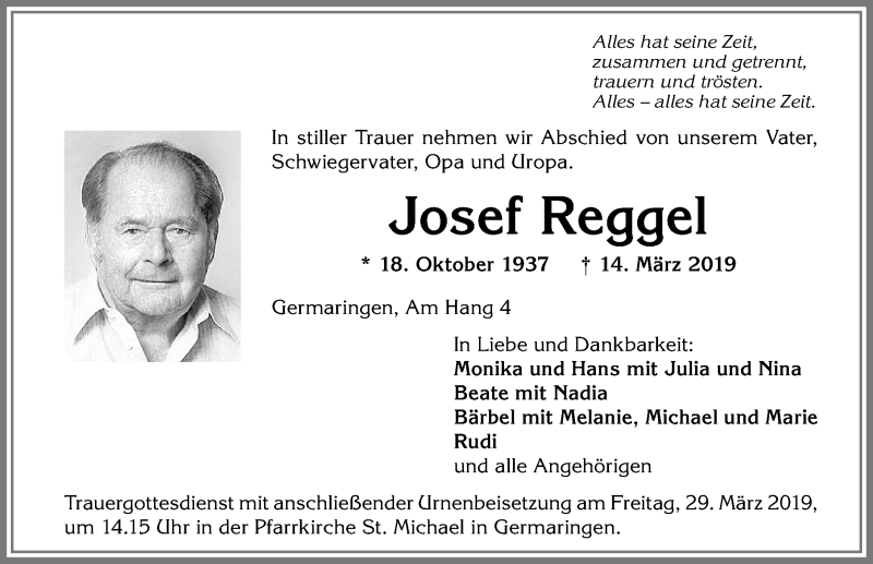 Traueranzeige von Josef Reggel von Allgäuer Zeitung, Kaufbeuren/Buchloe