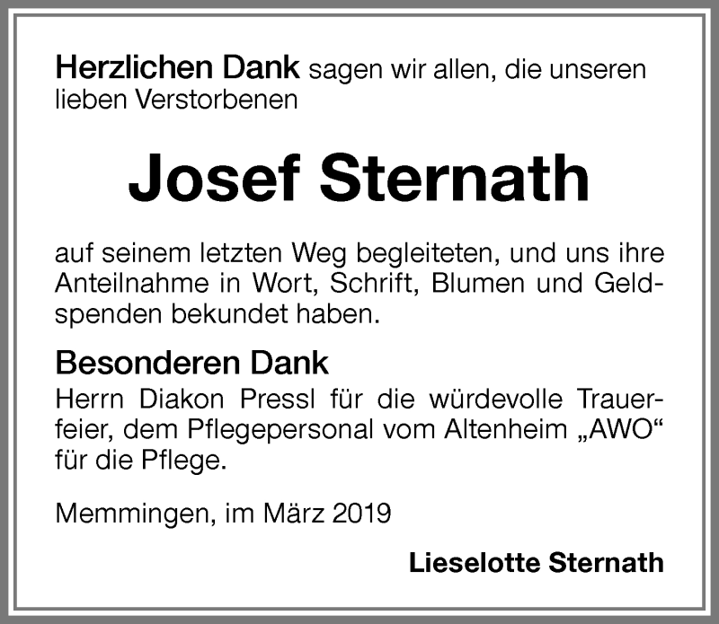 Traueranzeige von Josef Sternath von Memminger Zeitung
