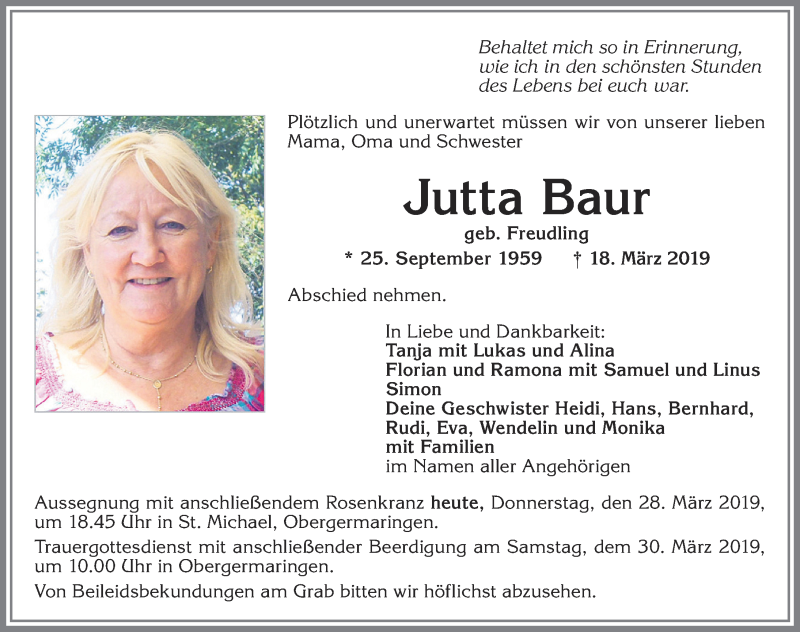 Traueranzeige von Jutta Baur von Allgäuer Zeitung, Kaufbeuren/Buchloe