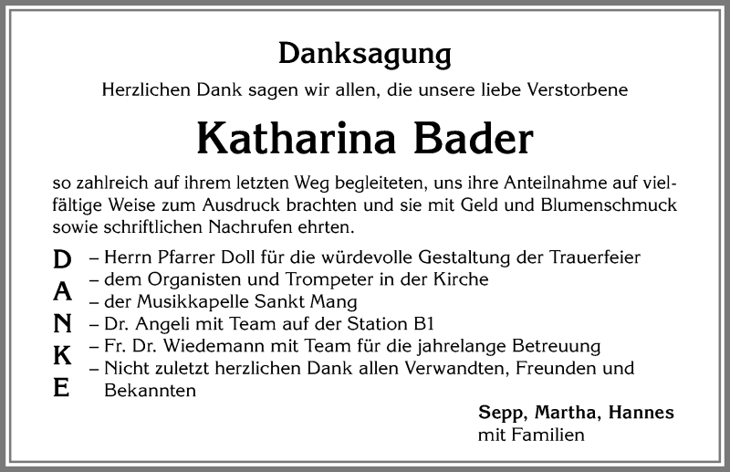 Traueranzeige von Katharina Bader von Allgäuer Zeitung