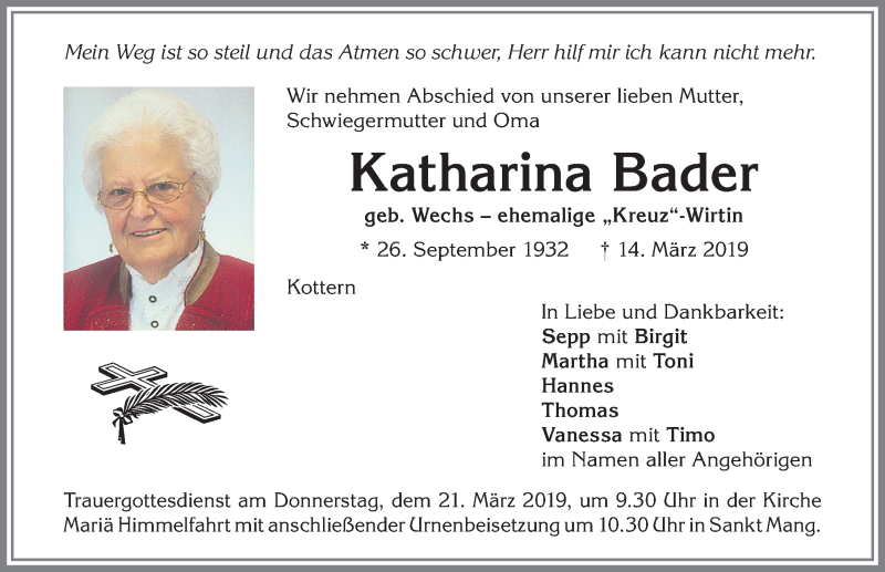 Traueranzeige von Katharina Bader von Allgäuer Zeitung,Kempten
